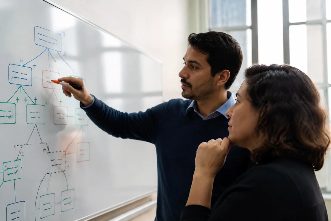 Facilitadora aponta para um mapa de argumento desenhado no quadro branco enquanto um participante acompanha
